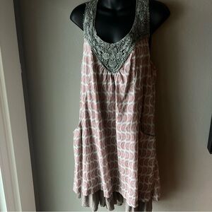 A'Reve Pink and Gray Patterned Trapeze/Swing Dress- crocheted detail, racerback